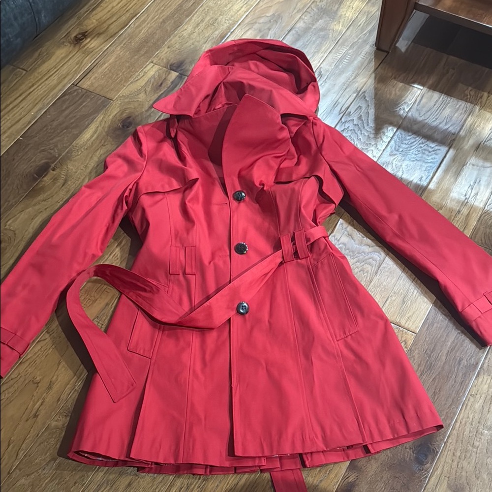 Via Spiga Red Trench Coat with Hood and Belted Waist
